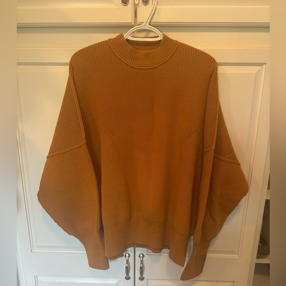 Free People Tan Crewneck Sweater with Ribbed Detailing